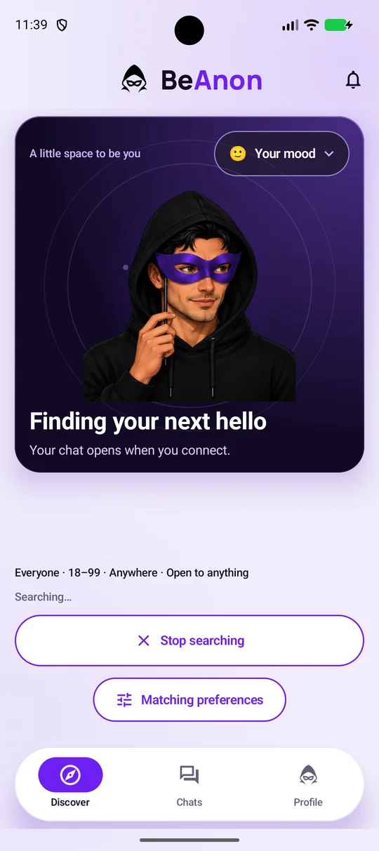 Searching screen that reads “Finding your next hello. Your chat opens when you connect.” with a Stop searching button.