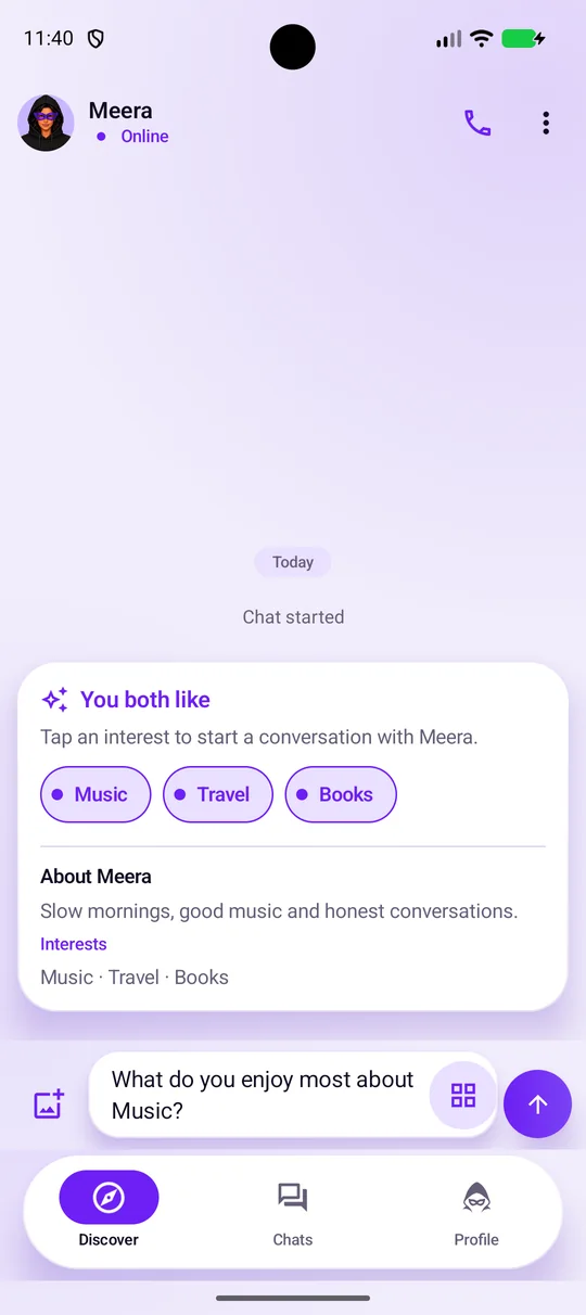 The same chat with the message box filled in with “What do you enjoy most about Music?” and a send button.