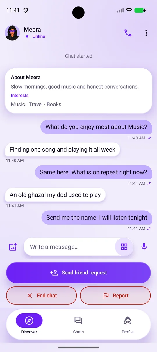 A short conversation about music between Kabir and Meera, with the message box and the Send friend request, End chat and Report buttons.