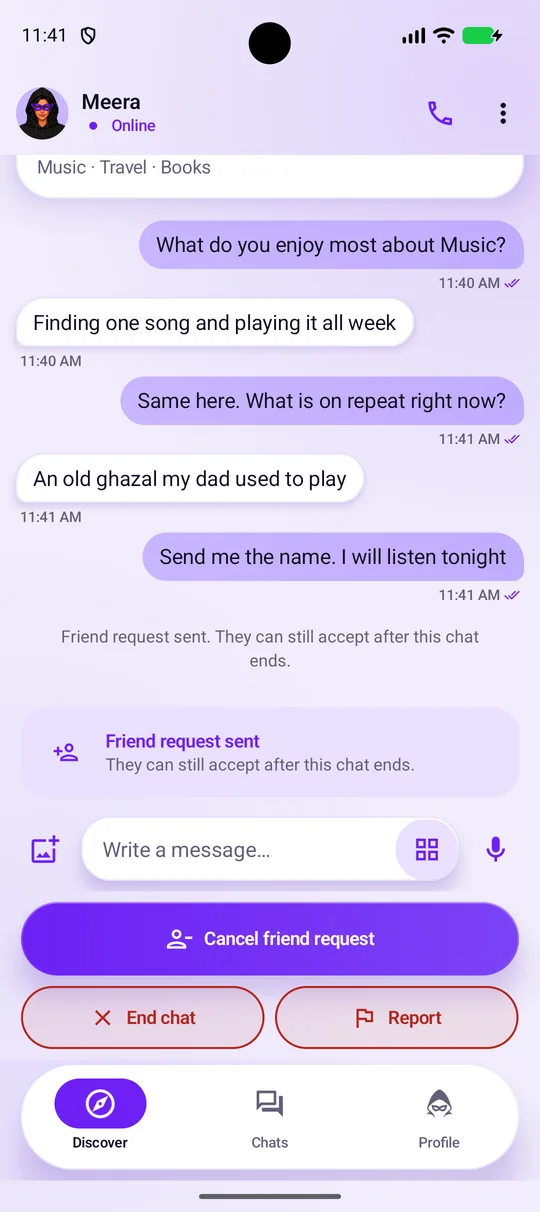 The chat after sending a request: “Friend request sent. They can still accept after this chat ends.” with a Cancel friend request button.