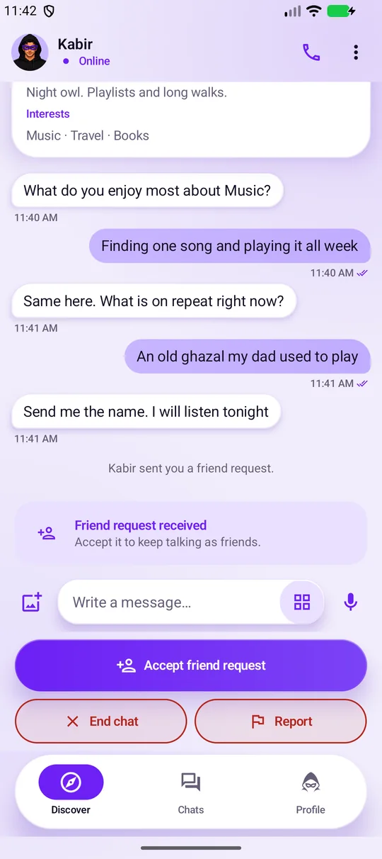 The other person’s phone: “Friend request received. Accept it to keep talking as friends.” with an Accept friend request button, End chat and Report.