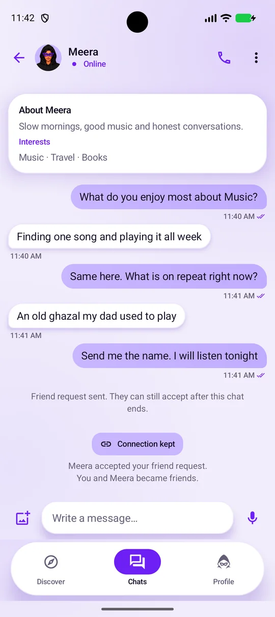 The same chat after acceptance: “Connection kept. Meera accepted your friend request. You and Meera became friends.”