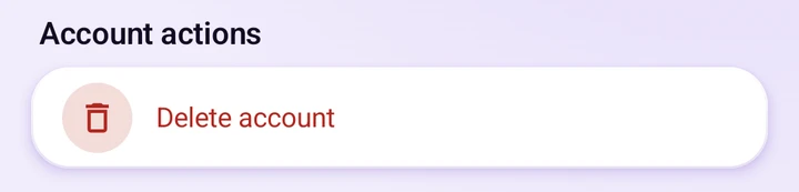 Account actions section with the Delete account option