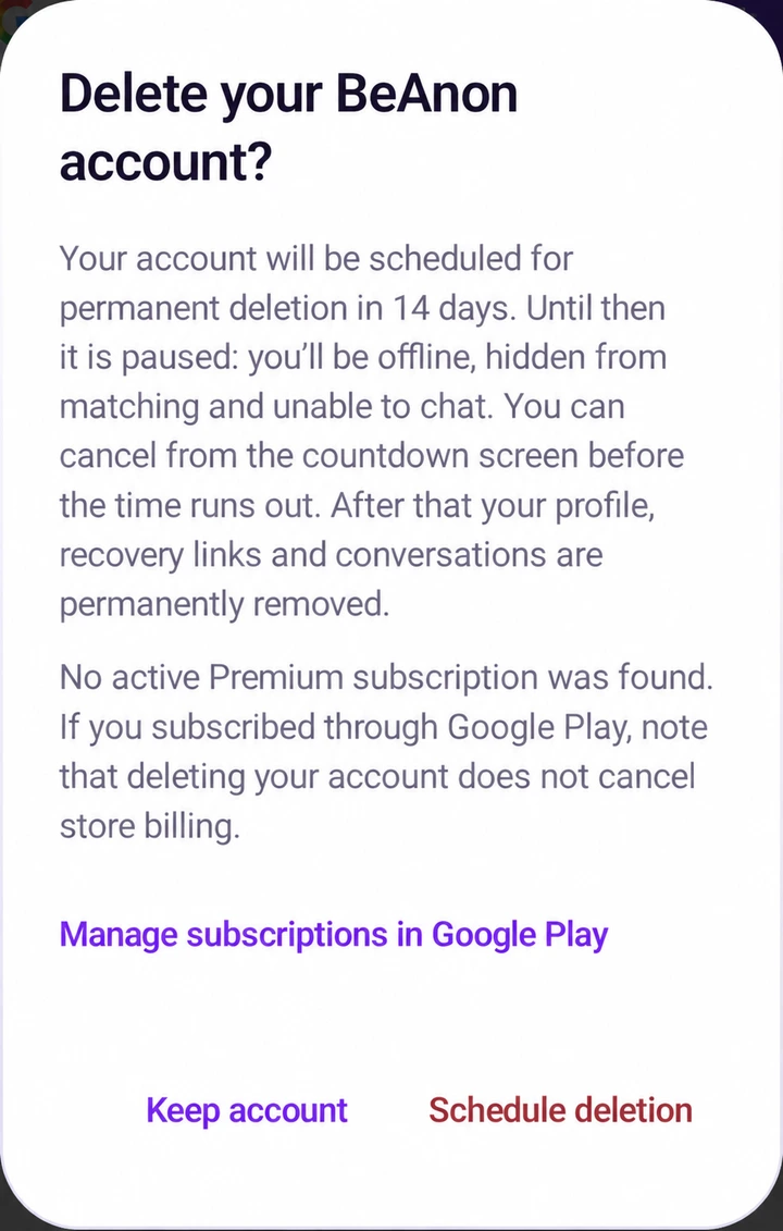 Edited deletion-dialog illustration showing a 14-day pending period, Keep account and Schedule deletion