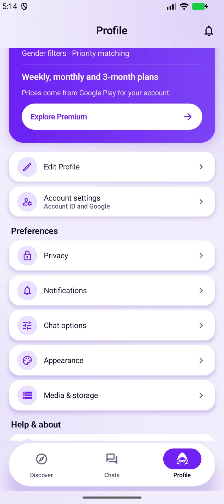 Profile screen showing the Account settings row